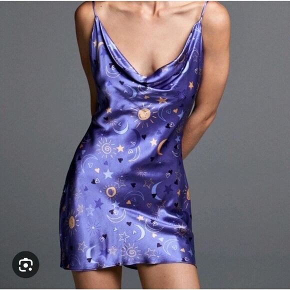 Zara Purple Satin Celestial Sun Moon Cowl Neck Mini Sleeveless Dress Size Small - Picture 1 of 11
